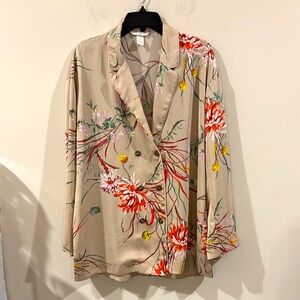 🌺H&M Sz S Floral Beige Women's Oversized Double Breast Silky Kimono Shirt